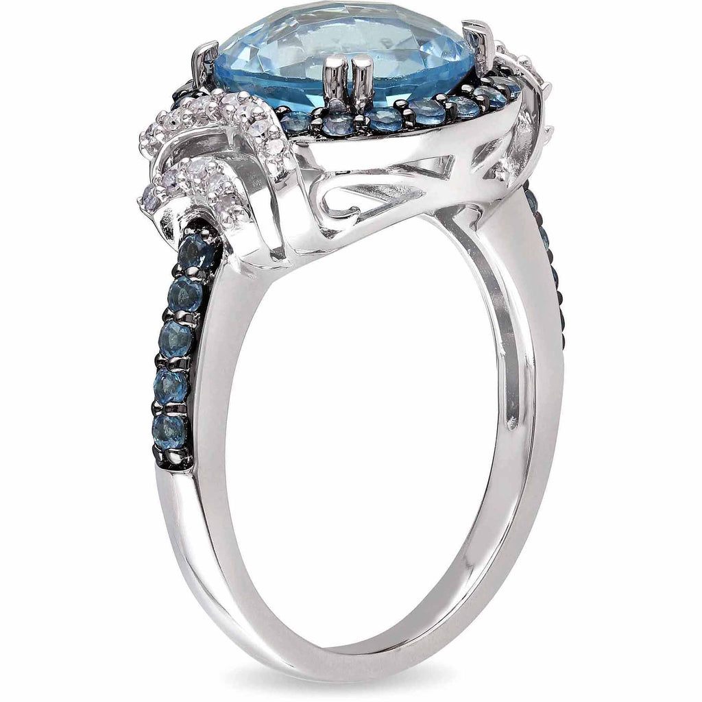 Sterling Silver Halo Bridal Set with Round Blue Topaz and Diamond R273