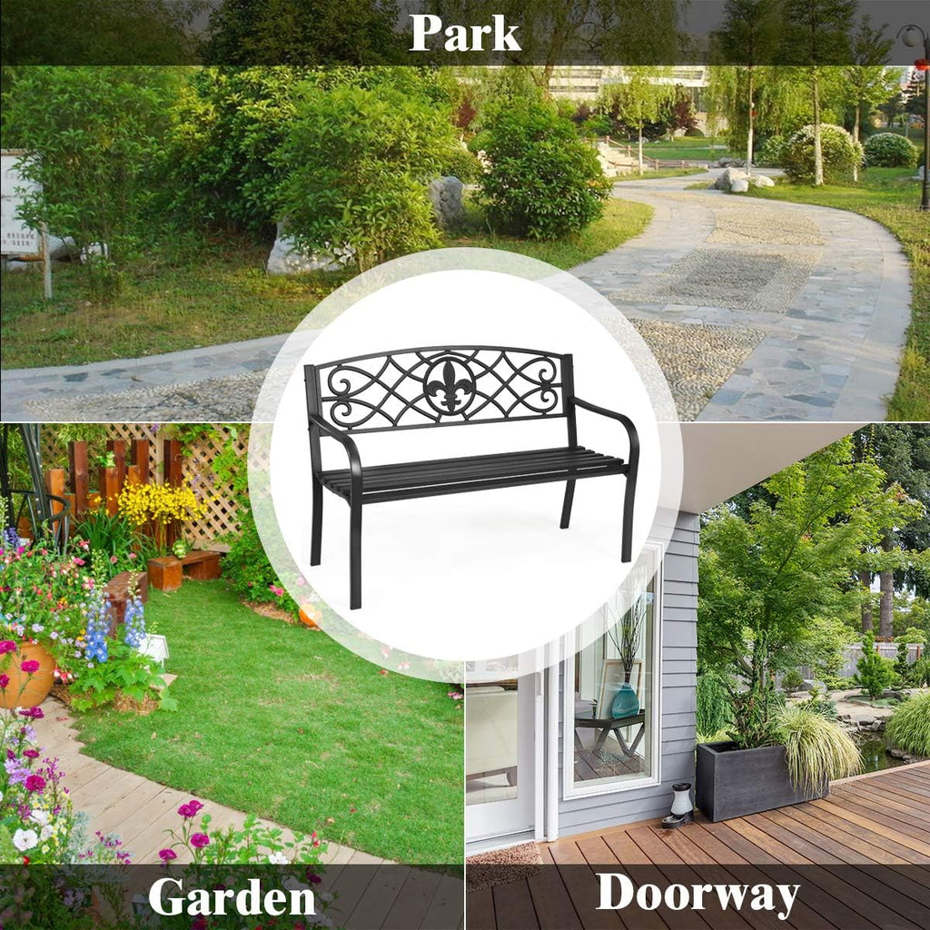 50 inch Heavy-Duty Metal Patio Bench with Pattern Backrest L4793