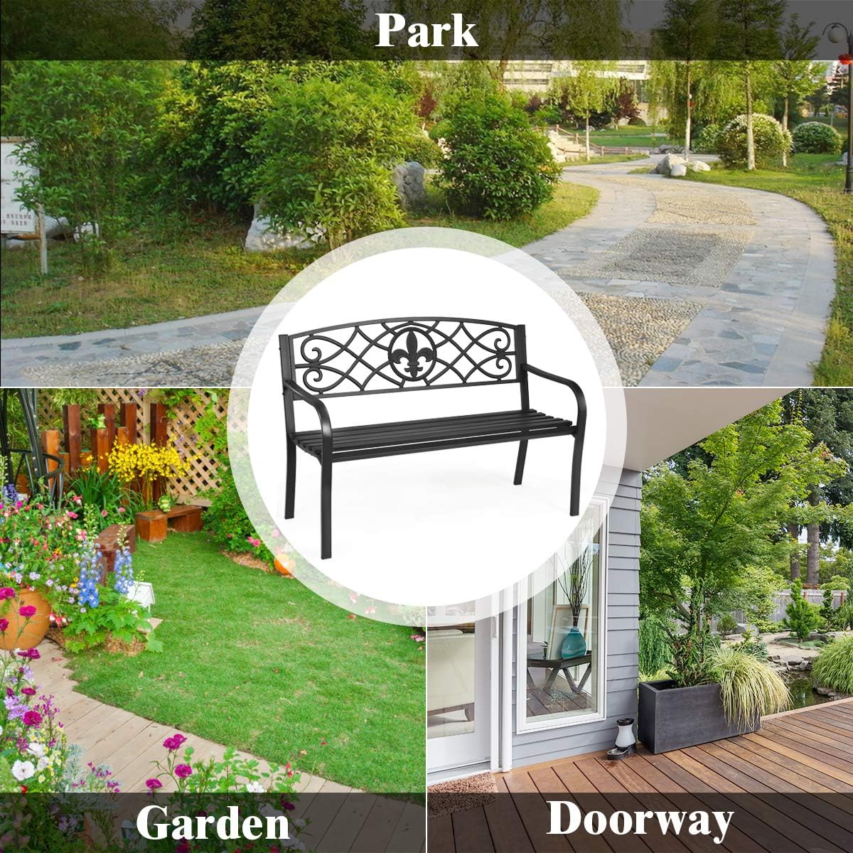 50 inch Heavy-Duty Metal Patio Bench with Pattern Backrest L4793