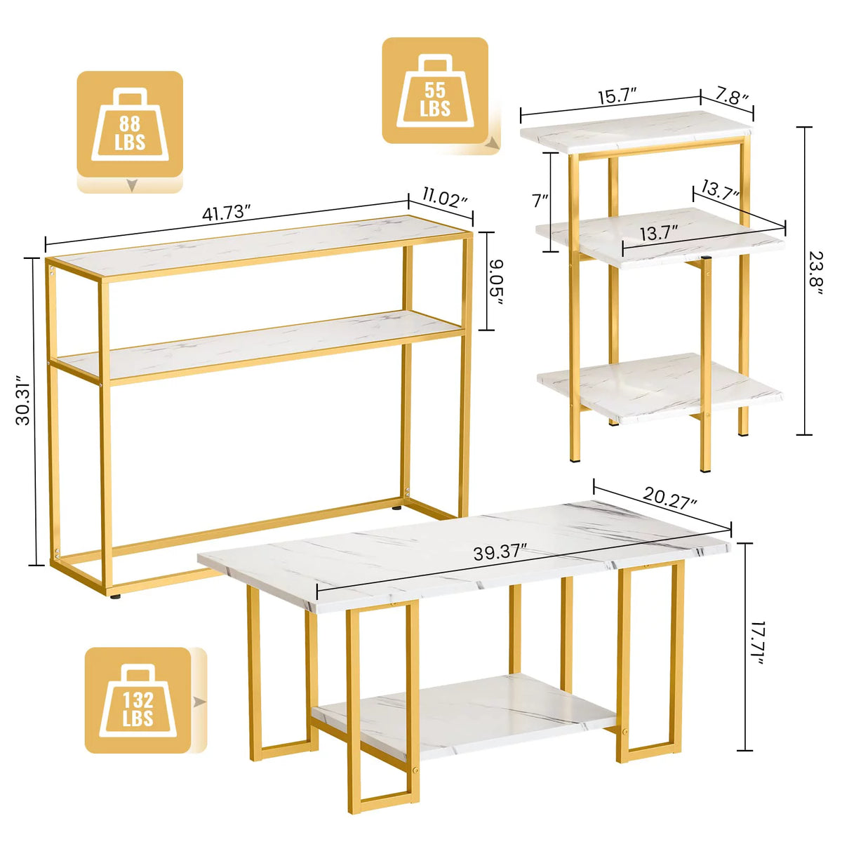 Gold Coffee Table Set of 3 with Metal Frame W79850