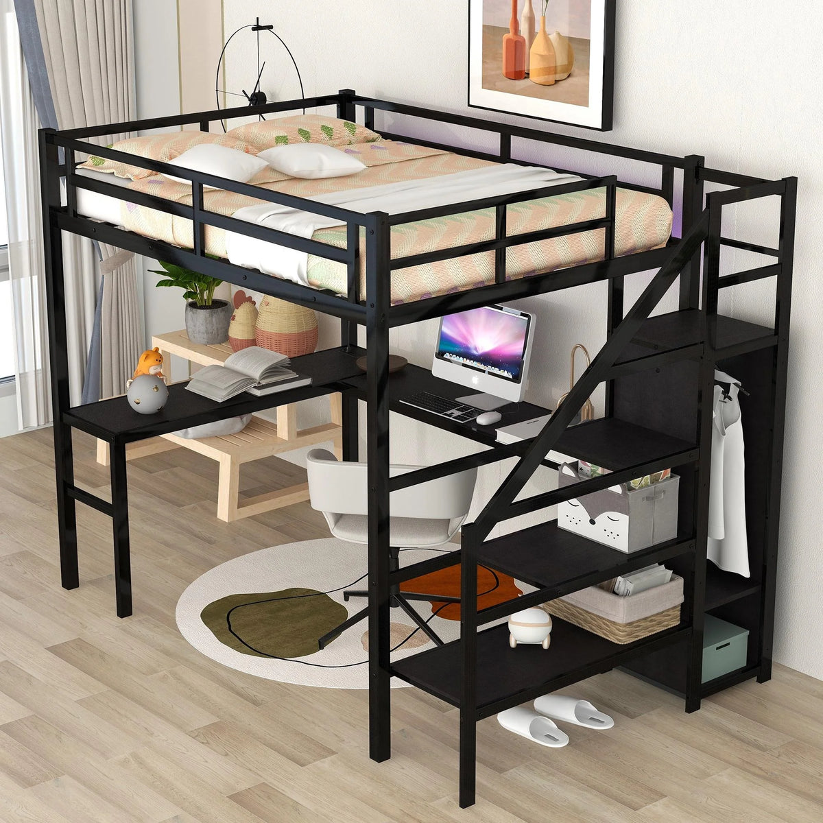Black Full Size Metal Loft Bed with Desk and Stairs A260