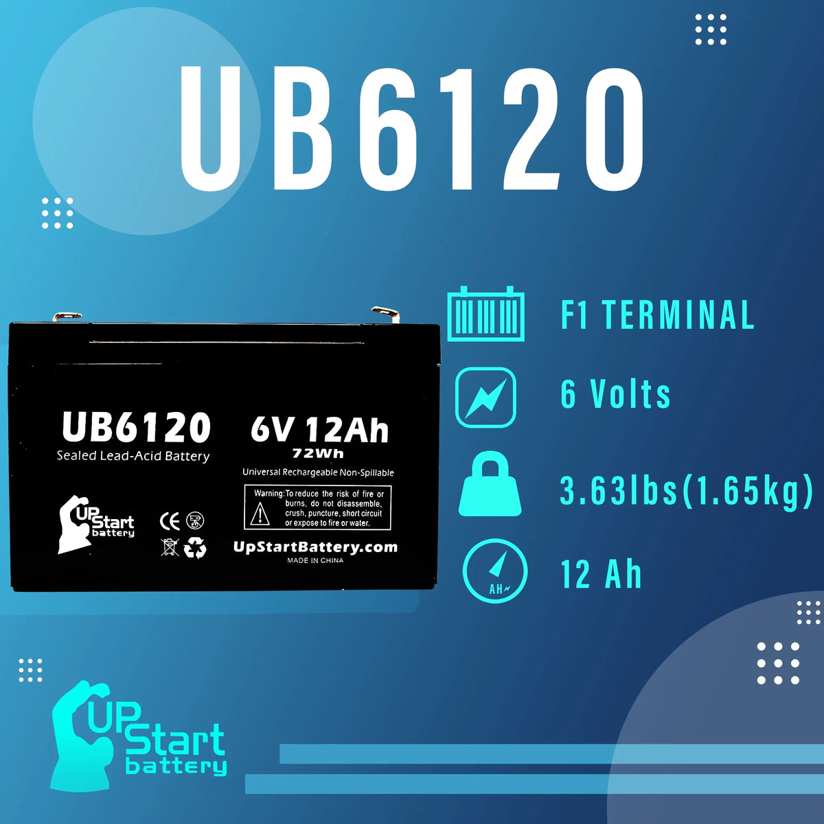 6V 12Ah Sealed Lead Acid Battery with F1 to F2 Terminal Adapters E727365