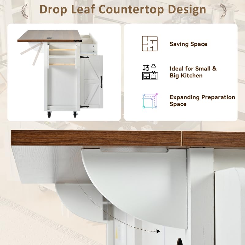 Farmhouse Kitchen Island with Power Outlet, Drop Leaf, Spice Rack and Drawer, Rolling Kitchen Cart on Wheels I94436