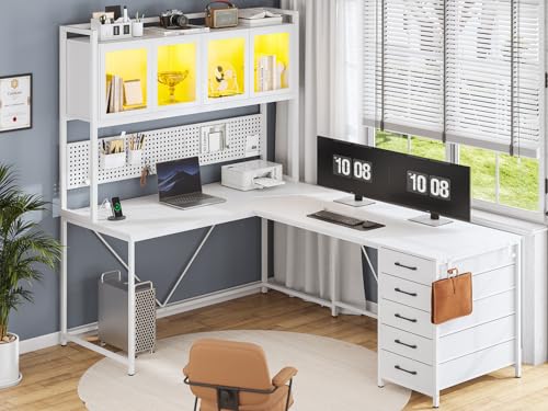 White L Shaped Gaming Desk with Drawers and Hutch A71792