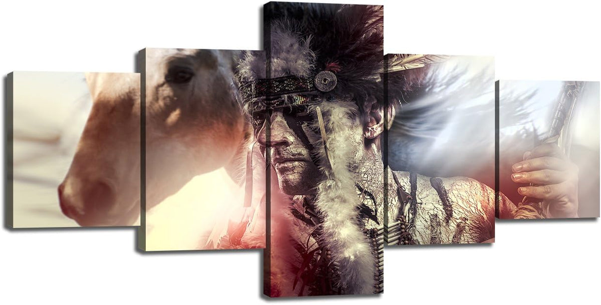 American Indian 5 Piece Canvas Wall Art Framed 50''Wx24''H S76113