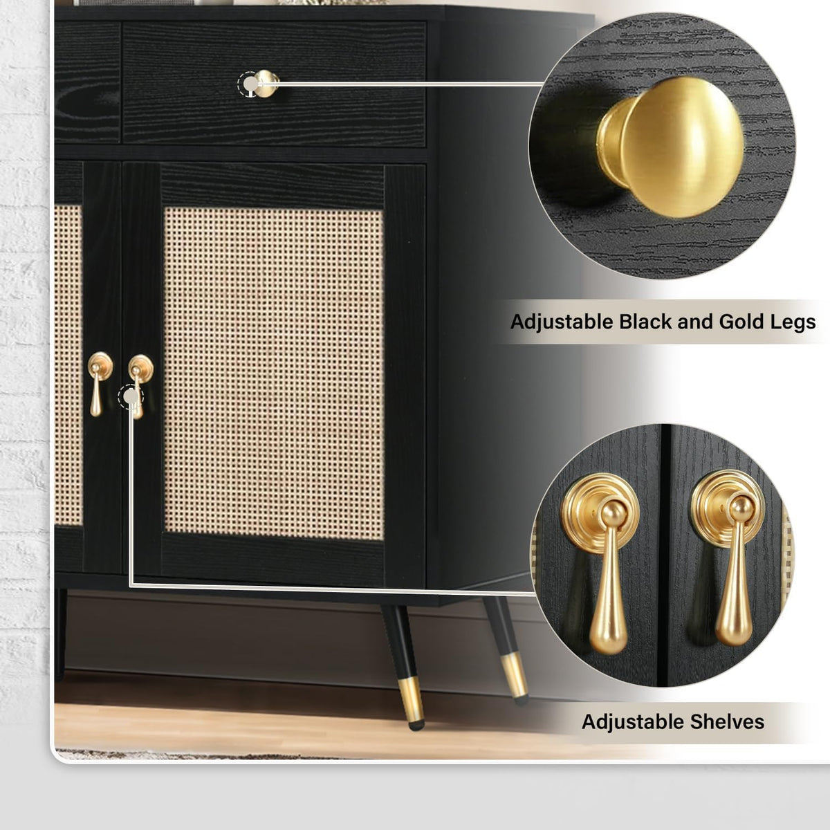 Black Sideboard Storage Cabinet with 4 Rattan Doors and 2 Drawers U108