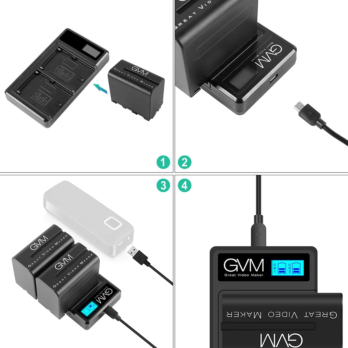 NP-F970 6600mAh Batteries with Dual USB Charger and V-Mount Adapter, 2 Packs B4385