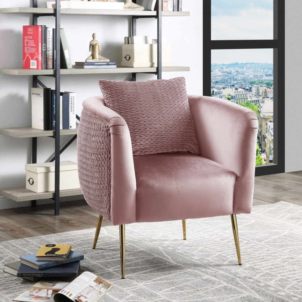 Blush Pink Velvet Barrel Accent Chair with Metal Legs F457