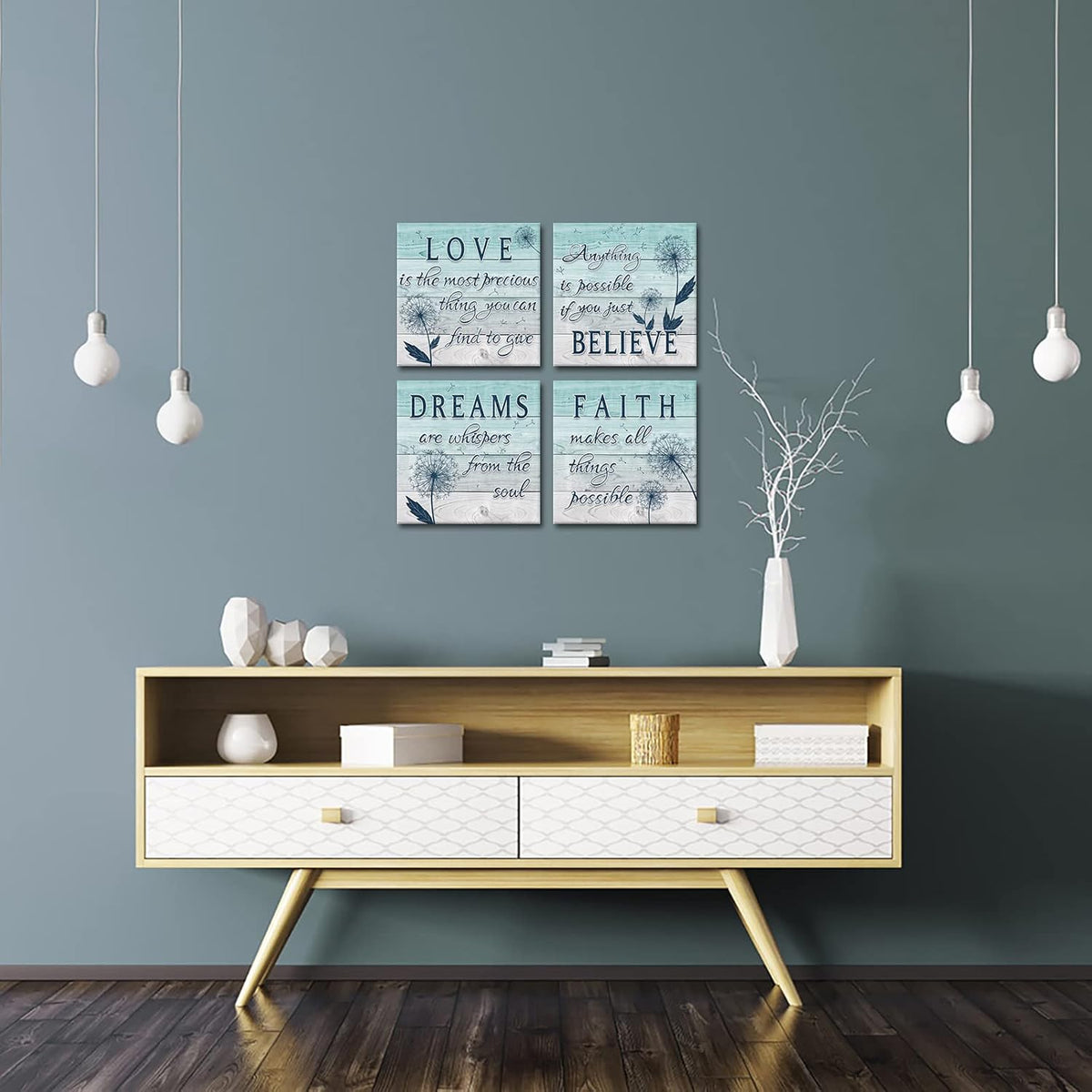 4 Panel Teal Blue Dandelion Canvas Wall Art T38027