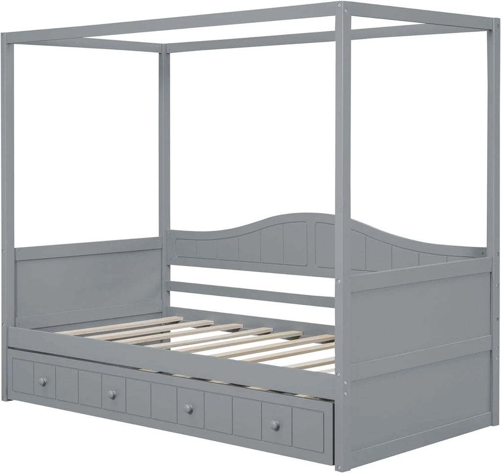 Twin Size Four-Poster Wood Canopy Bed with Trundle U883510