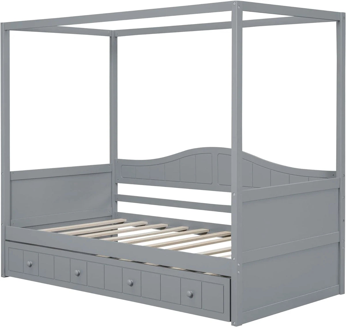 Twin Size Four-Poster Wood Canopy Bed with Trundle U883510