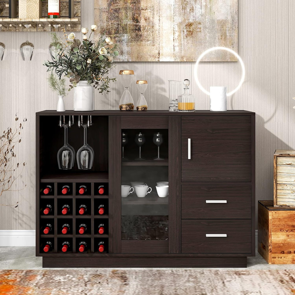 Black Accent Buffet Sideboard with Tempered Glass Console Table Sofa Table with Adjustable Shelves Cabinet L704056