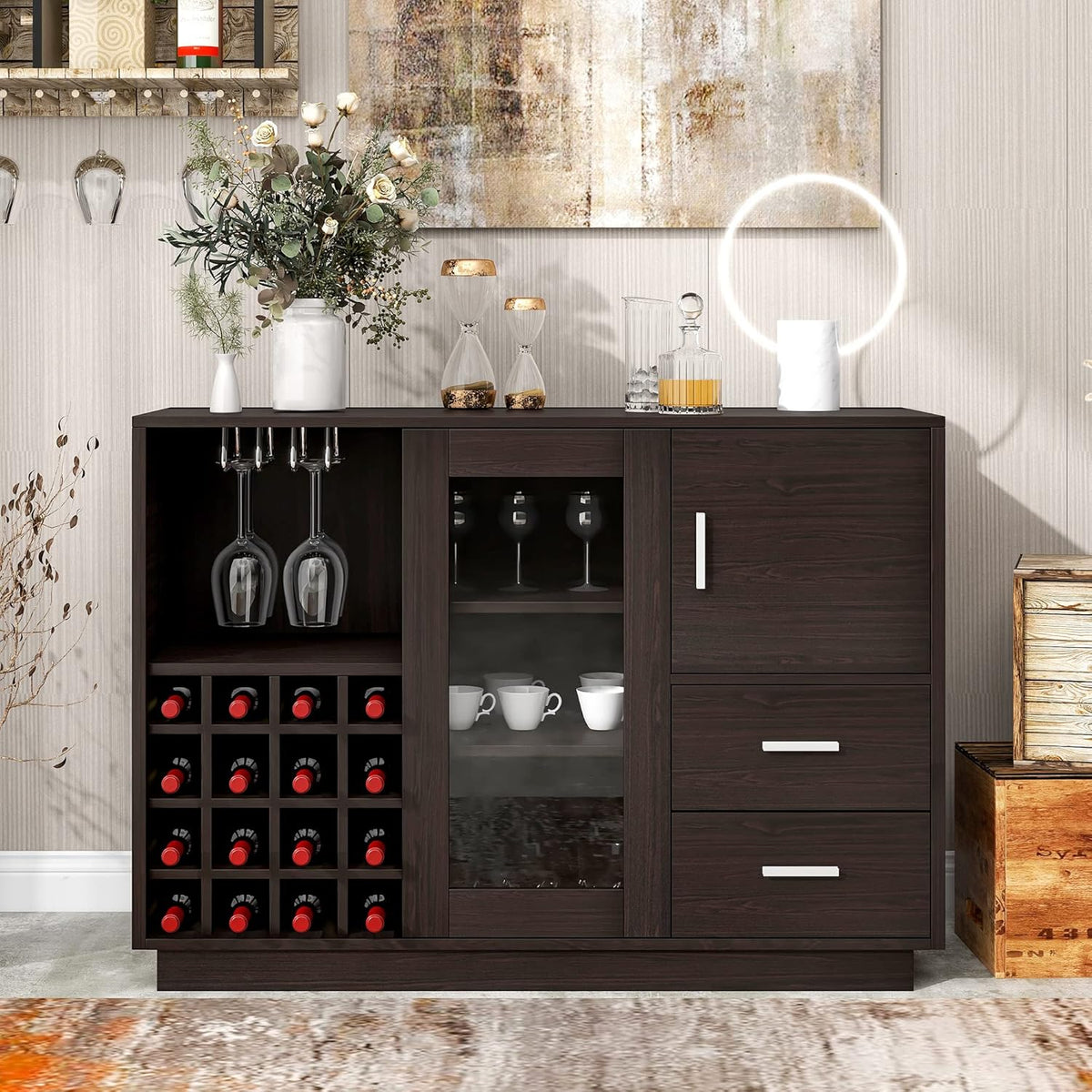 Black Accent Buffet Sideboard with Tempered Glass Console Table Sofa Table with Adjustable Shelves Cabinet L704056