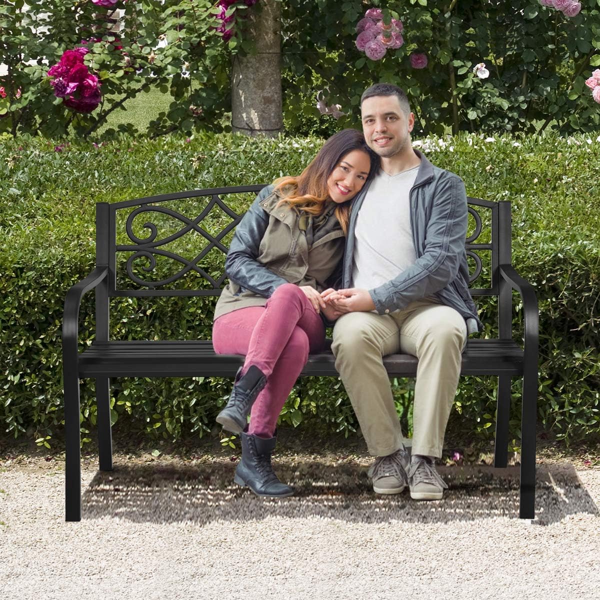 50 inch Heavy-Duty Metal Patio Bench with Pattern Backrest L4793