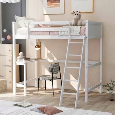 Twin Size Solid Wood Loft Bed with Safety Guardrails and Angled Ladder Z2420