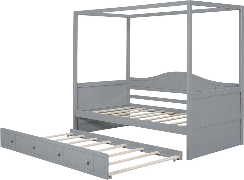 Twin Size Four-Poster Wood Canopy Bed with Trundle U883510