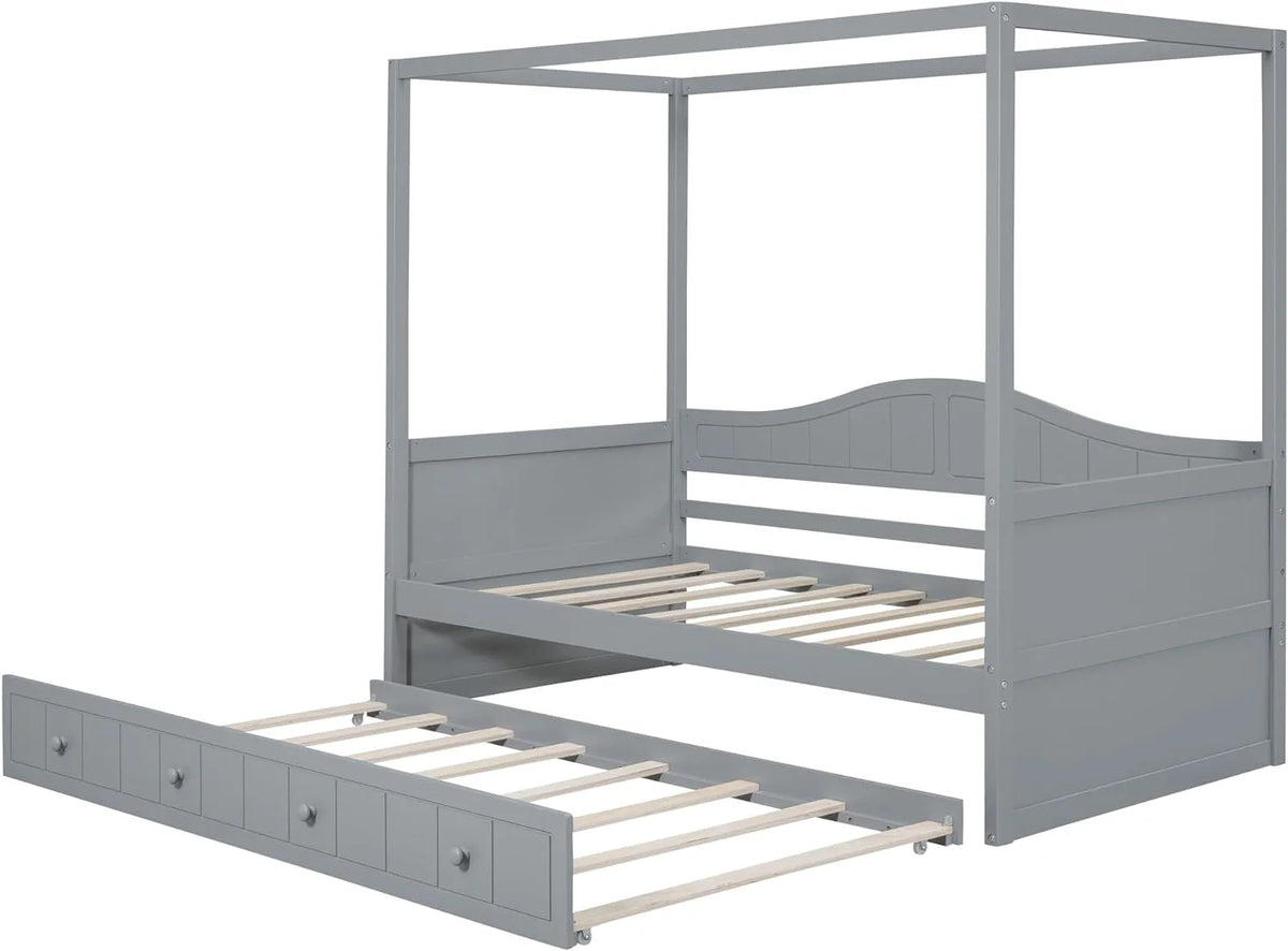 Twin Size Four-Poster Wood Canopy Bed with Trundle U883510