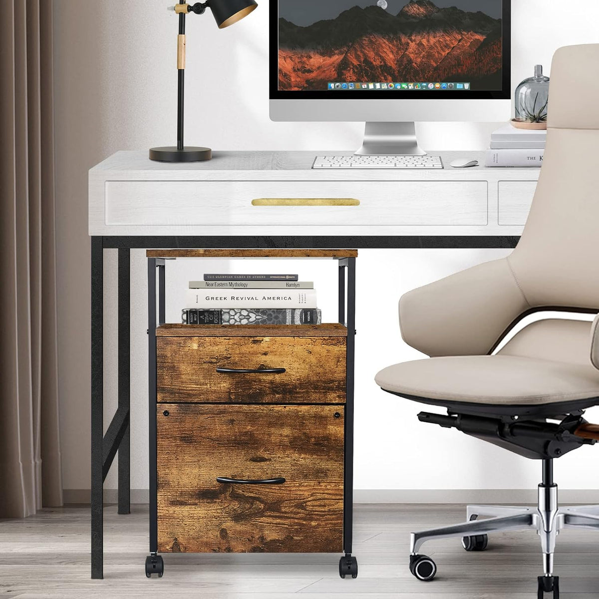 Rustic Brown Black 2 Drawer Rolling File Cabinet with Shelves C9573