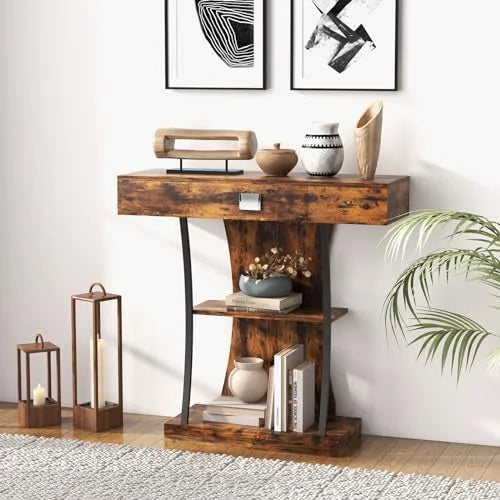 Rustic Brown 3-Tier Console Table with Drawer and Shelves A75046