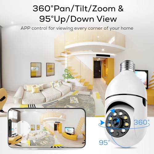 Light Bulb Security Camera, 360° WiFi Wireless Outdoor Indoor Color Night Vision, Auto Tracking Smart Alarm, 2-Way Talk, Porch Light Socket Camera Q461