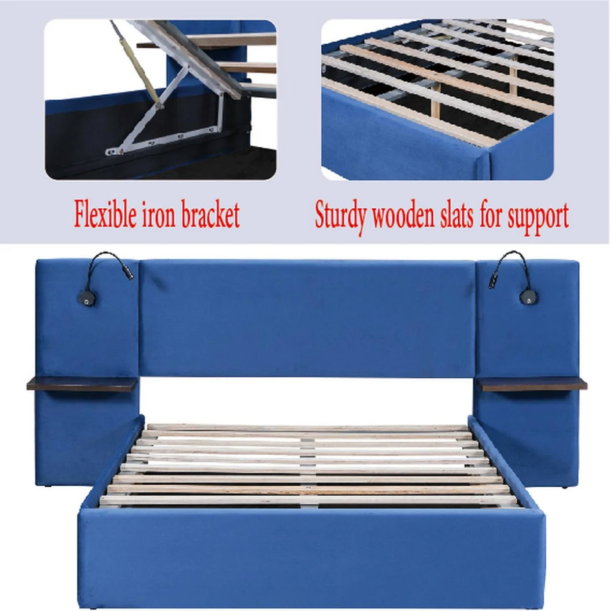 Full Size Upholstered Hydraulic Platform Bed with 2 Shelves, 2 Lights and 4 USB Ports, Blue J90082