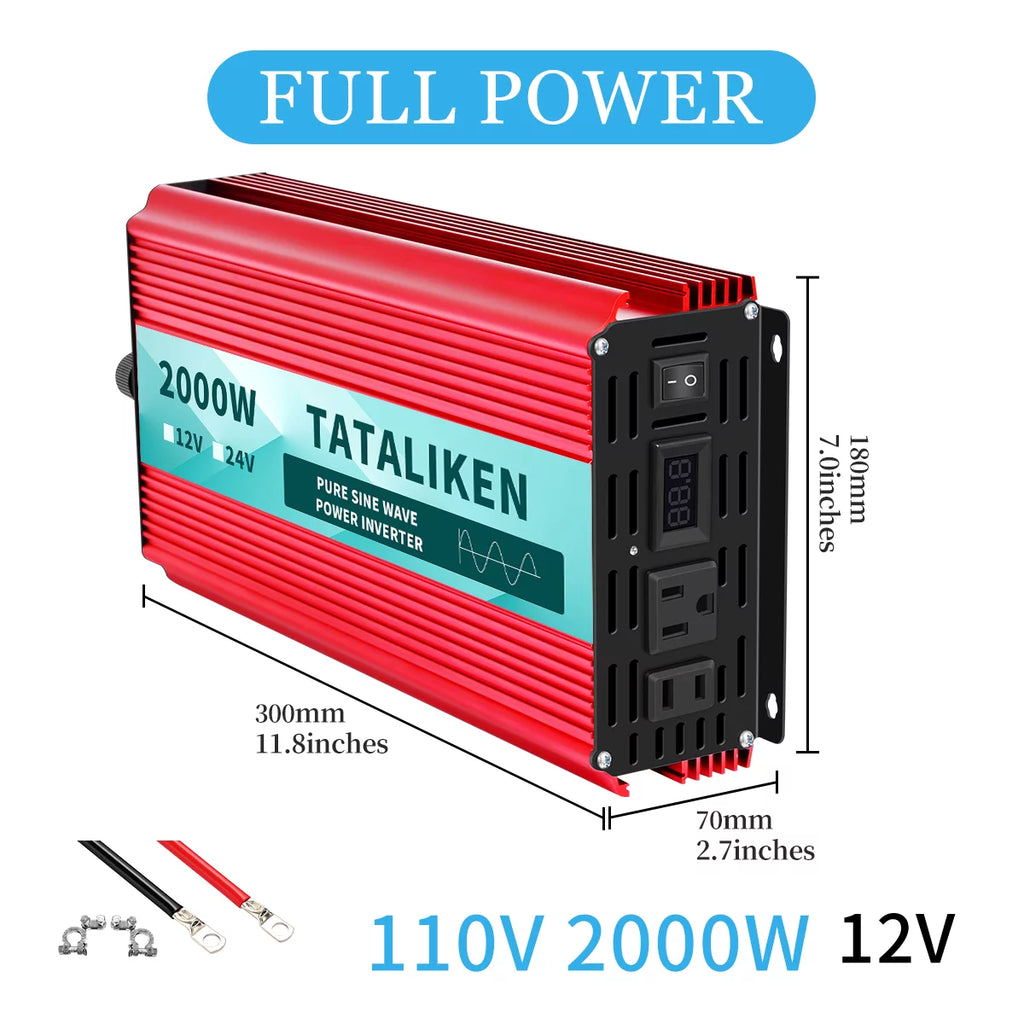 2000 Watts Pure Sine Wave Power Inverter DC 12V to AC 110V/120V with 2 AC Outlets I2243