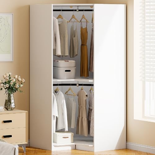 Natural Polygon Wooden Corner Wardrobe Closet with 2 Hanging Rails & Shelves X957