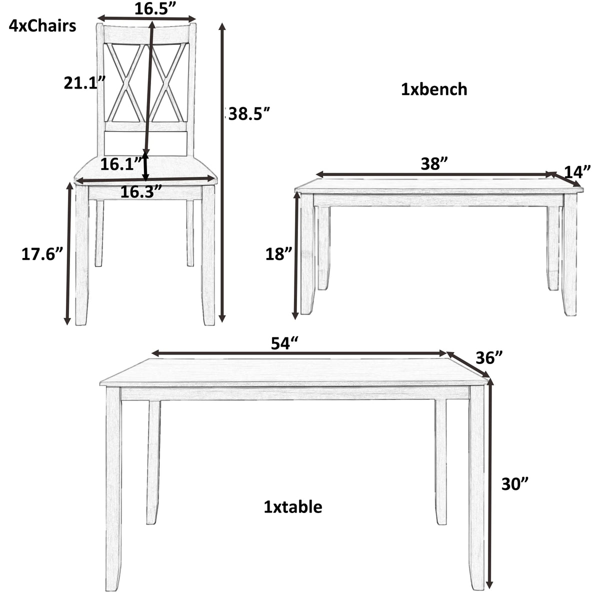 6-Piece Wooden Kitchen Table Set with 4 Chairs and Bench R114211