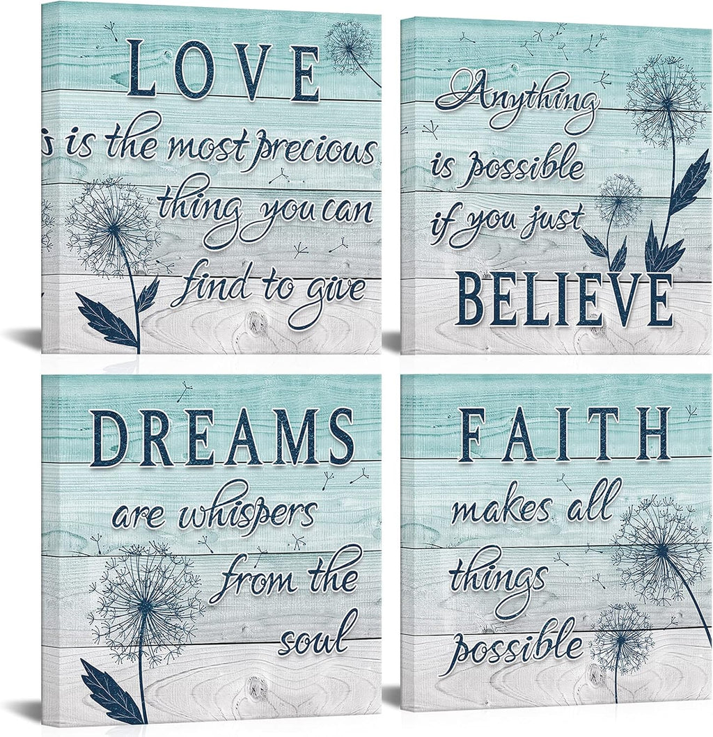 4 Panel Teal Blue Dandelion Canvas Wall Art T38027