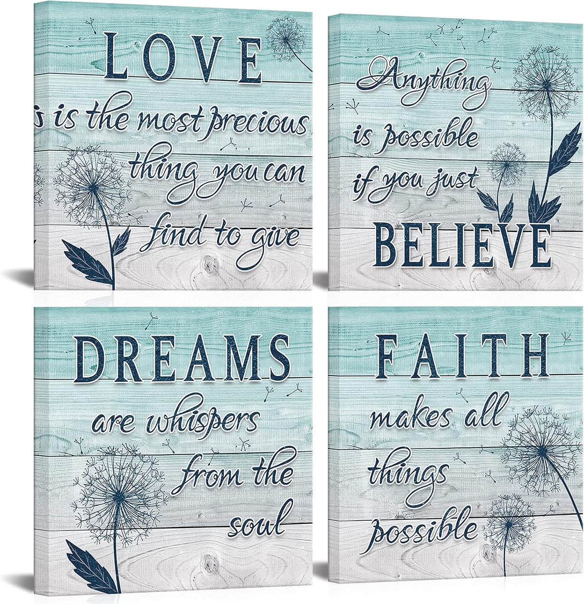 4 Panel Teal Blue Dandelion Canvas Wall Art T38027