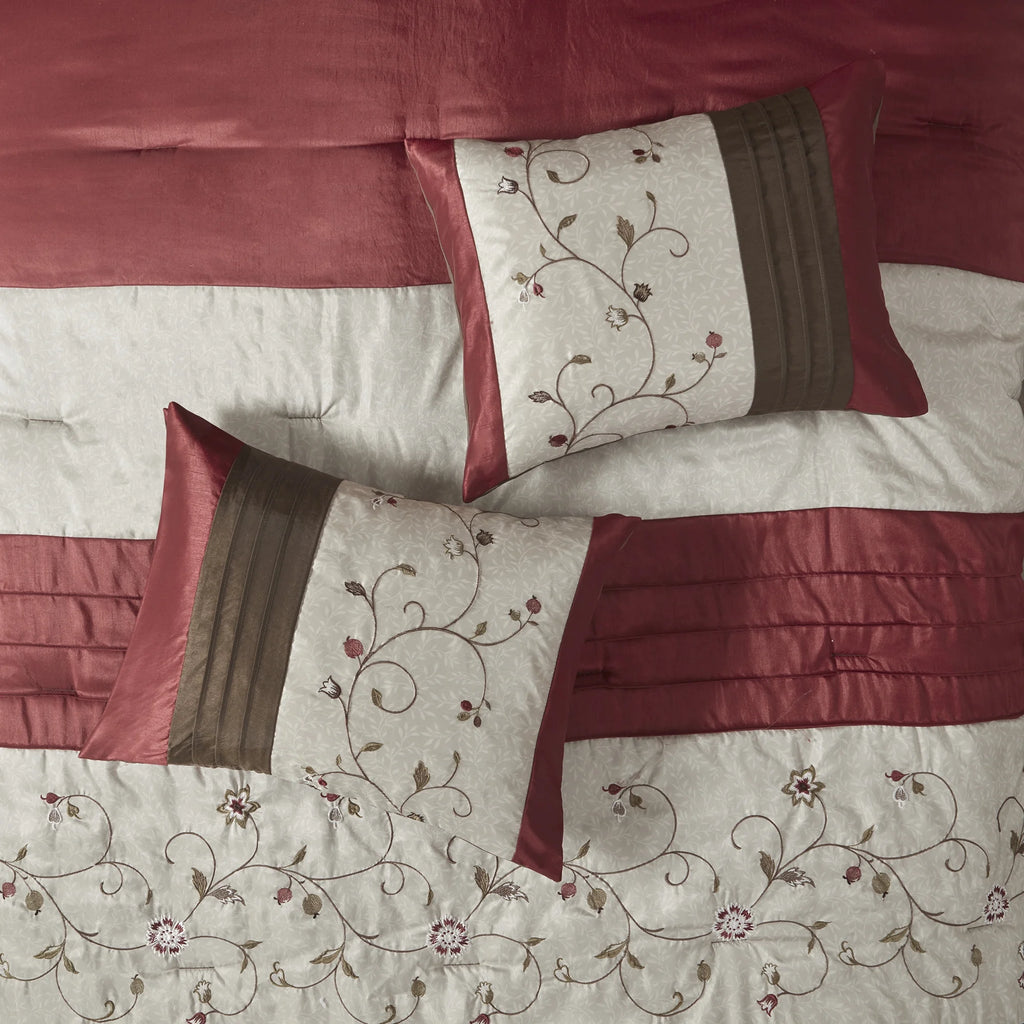 Red Embroidered 7-Piece Comforter Set O187954