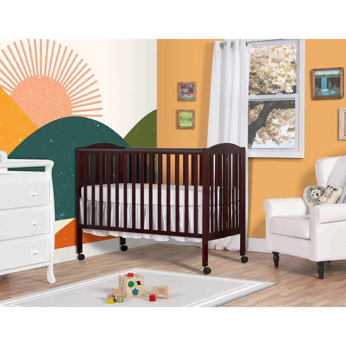 Full Size 2-in-1 Folding Stationary Side Crib with Locking Wheels, Espresso Q905