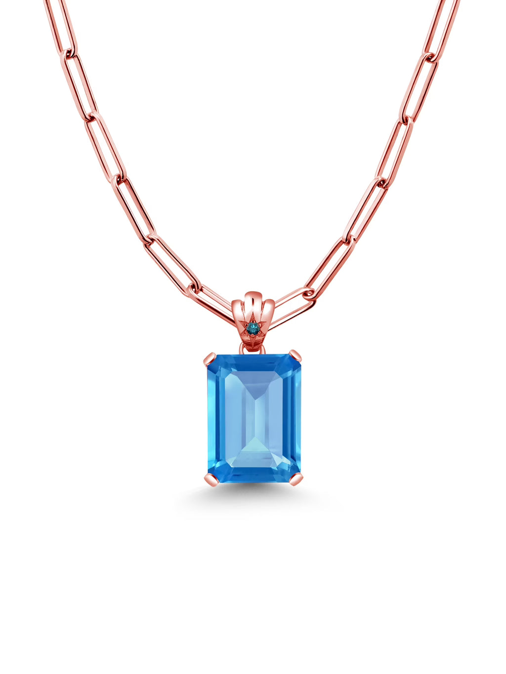 Swiss Blue Topaz Blue Diamond 18K Rose Gold Plated Silver Pendant with Paperclip Link Chain 18 inch with 2 inch Extender H8185