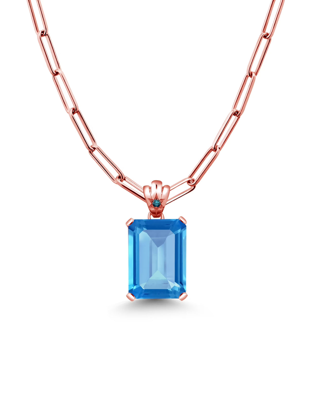 Swiss Blue Topaz Blue Diamond 18K Rose Gold Plated Silver Pendant with Paperclip Link Chain 18 inch with 2 inch Extender H8185
