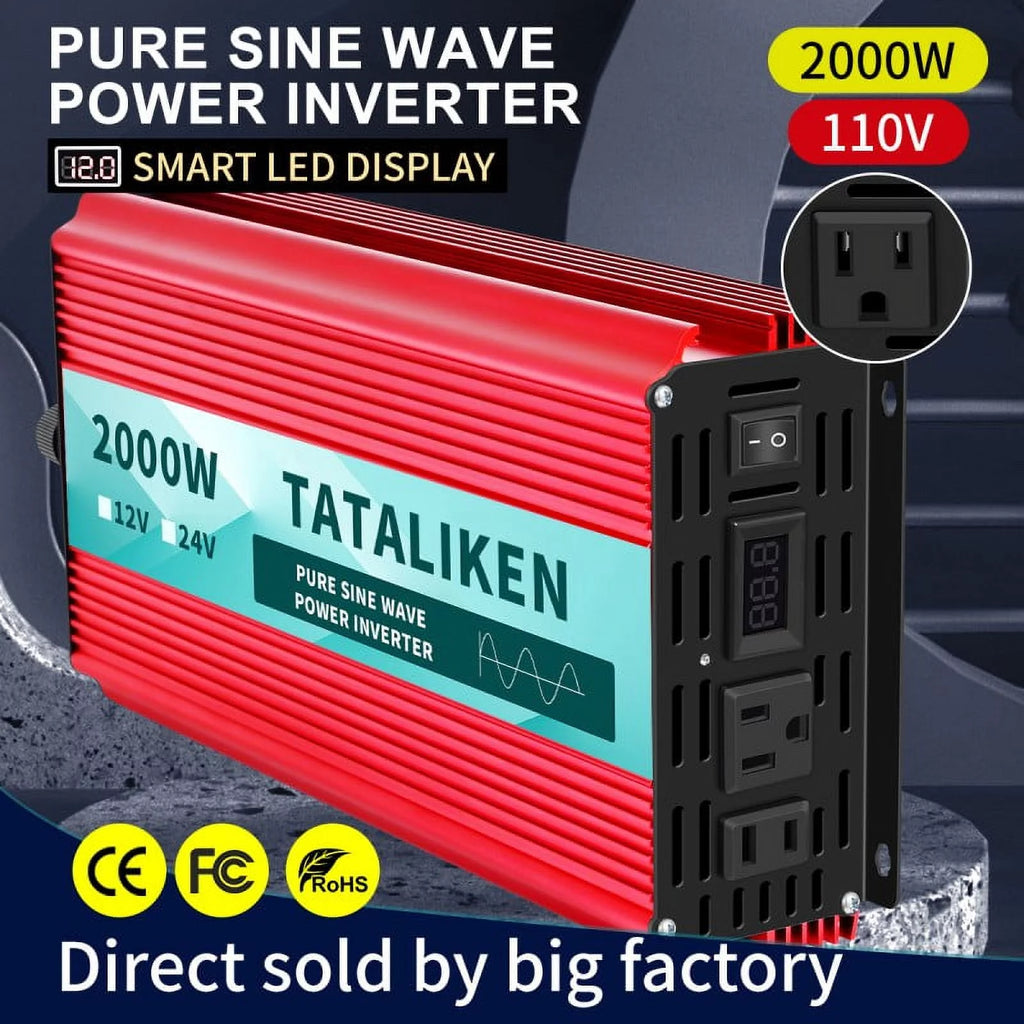 2000 Watts Pure Sine Wave Power Inverter DC 12V to AC 110V/120V with 2 AC Outlets I2243