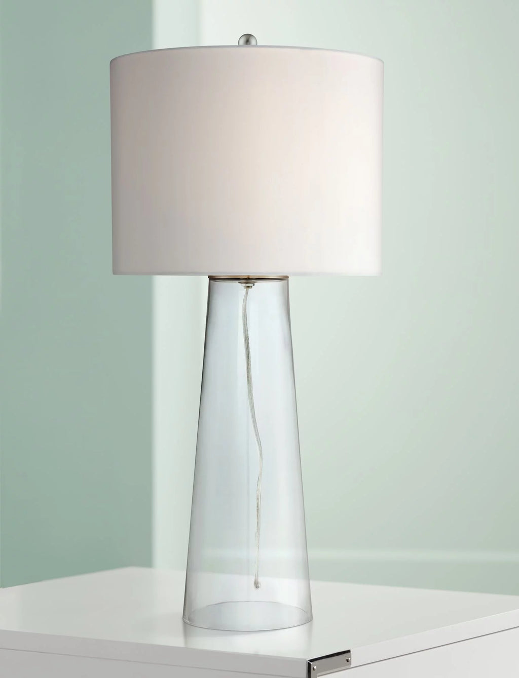 30" Tall Clear Glass End Table Lamp with White Shade W9969