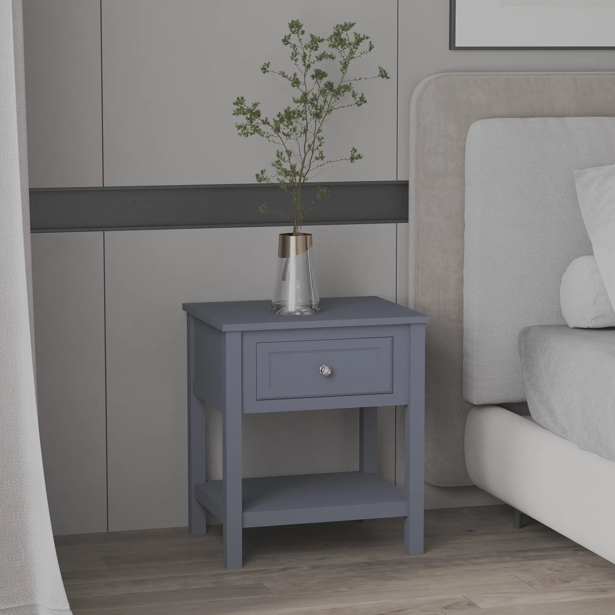 Accent End Table with Gray Tabletop, Storage Drawer, and Bottom Shelf O399