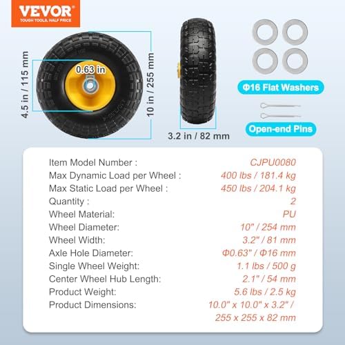 10-Inch Solid Rubber Flat Free Tubeless Tires and Wheels, 2-Pack V80785
