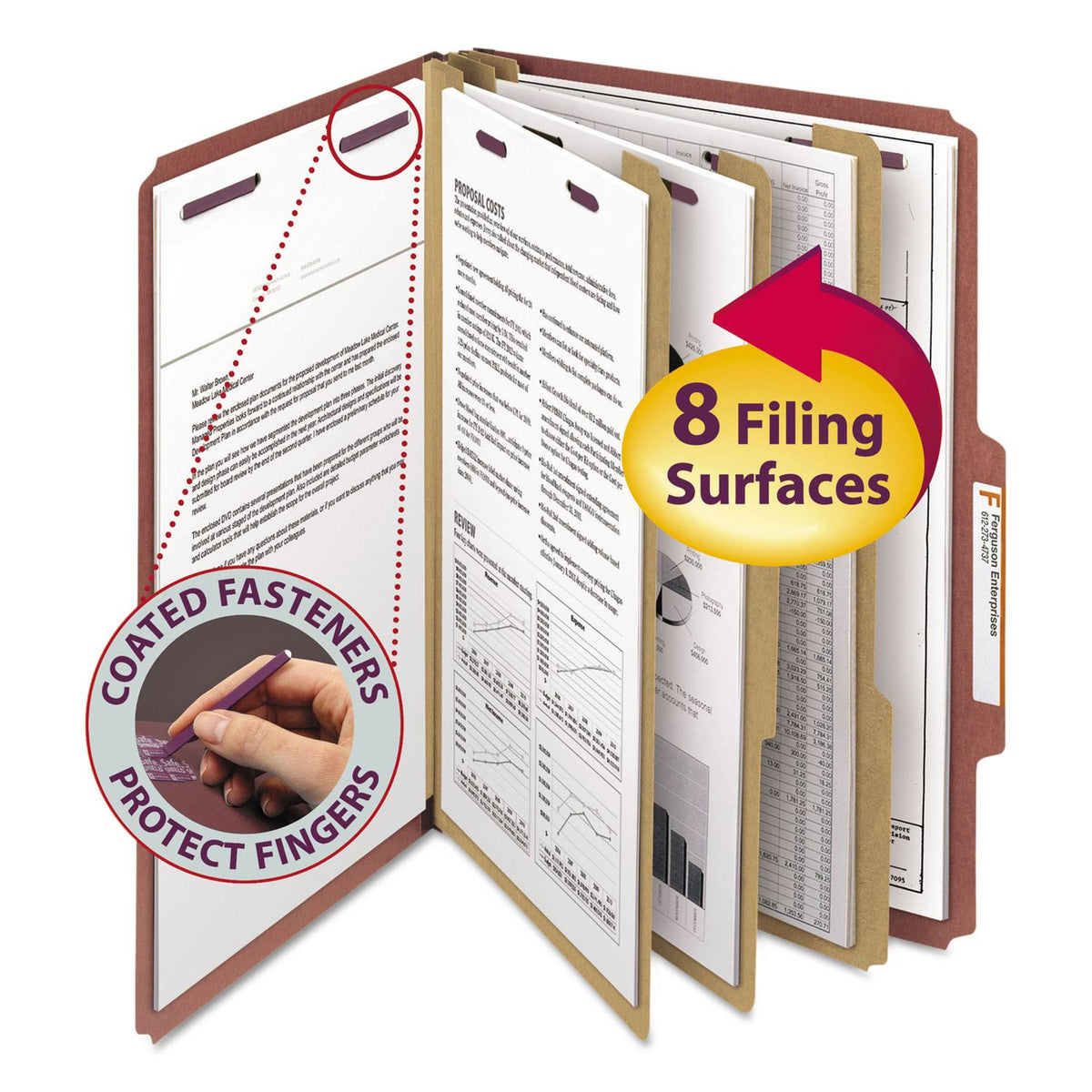 Red Legal Size Pressboard Classification Folders with Fasteners, 3 Dividers, 10/Box B5824