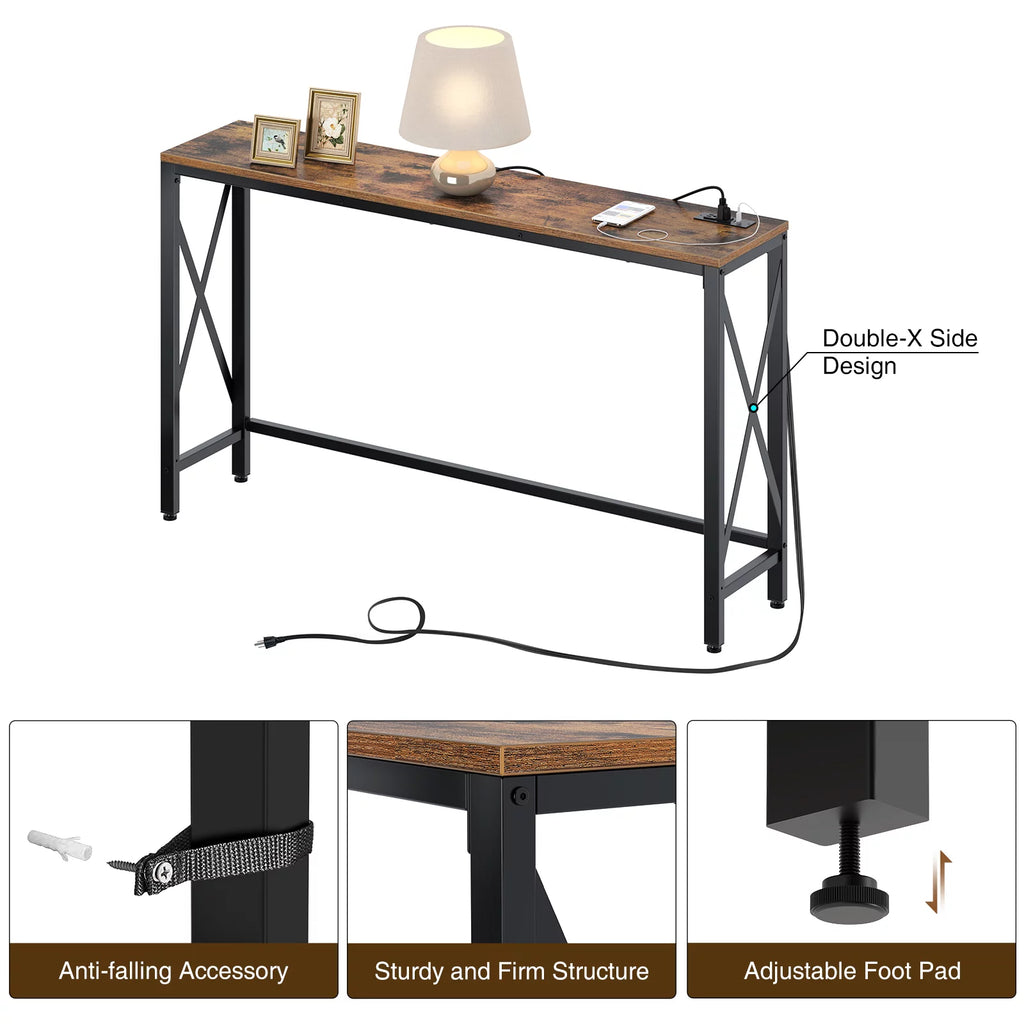 Console Table with Power Outlet, 55 Inch, Rustic Brown A893523