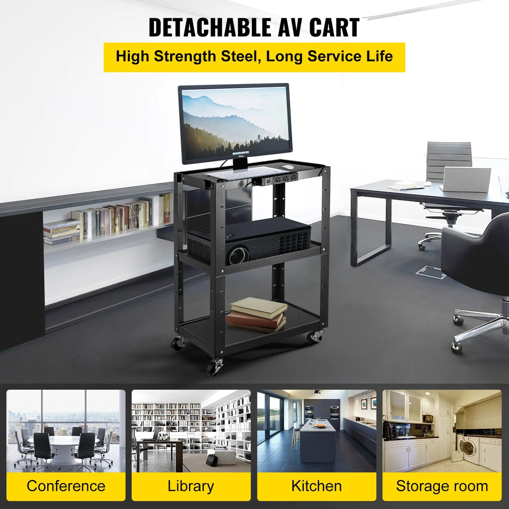 Steel AV Cart Media Cart with Cord Management Height Adjustable W7447