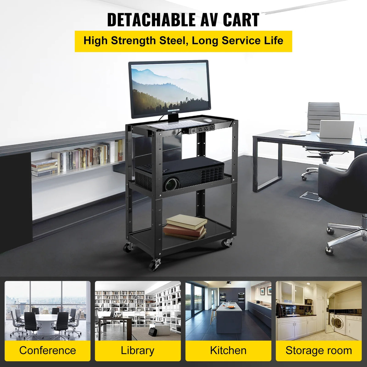 Steel AV Cart Media Cart with Cord Management Height Adjustable W7447