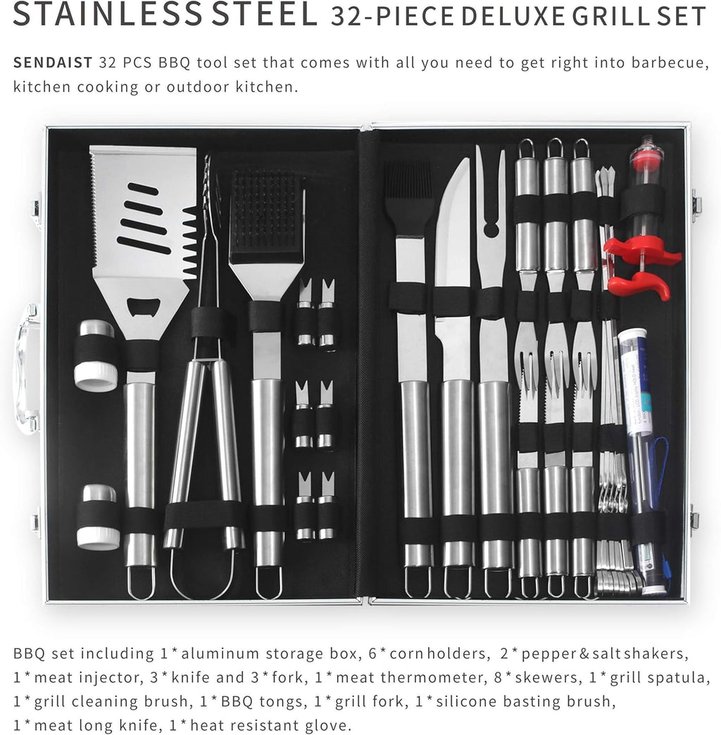 32 PCS BBQ Grill Tool Set with Thermometer in Heavy Duty Aluminum Case N872