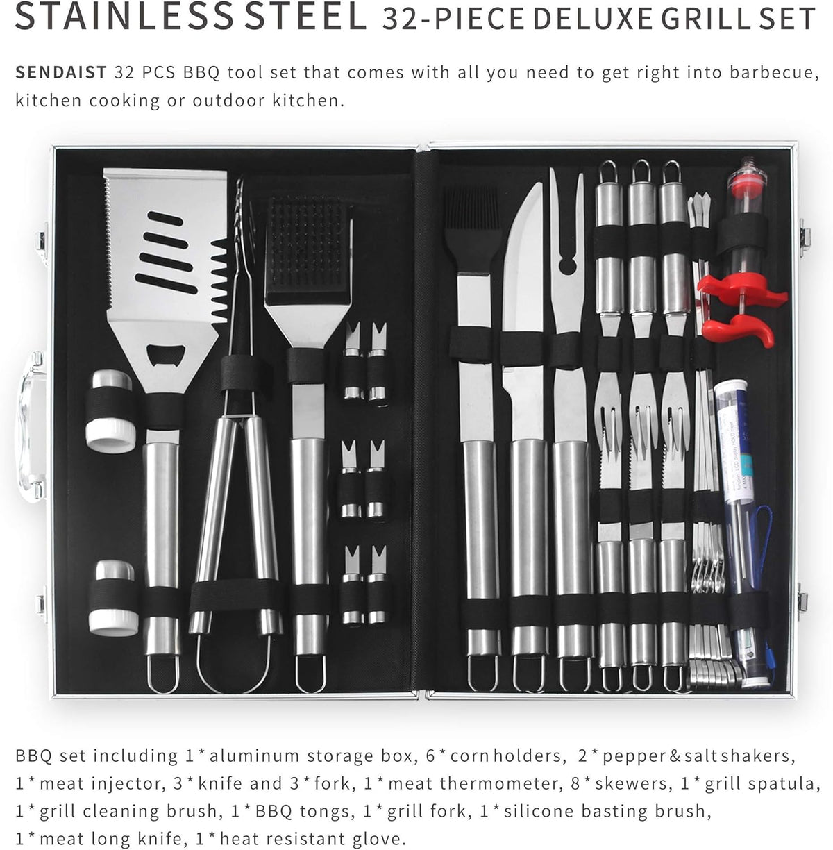 32 PCS BBQ Grill Tool Set with Thermometer in Heavy Duty Aluminum Case N872