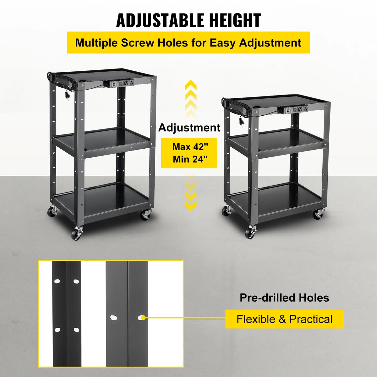Steel AV Cart Media Cart with Cord Management Height Adjustable W7447