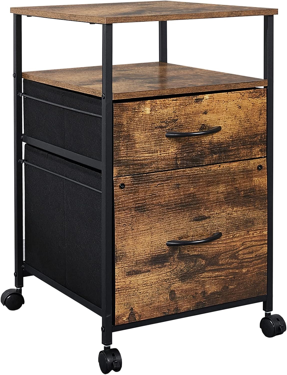 Rustic Brown Black 2 Drawer Rolling File Cabinet with Shelves C9573