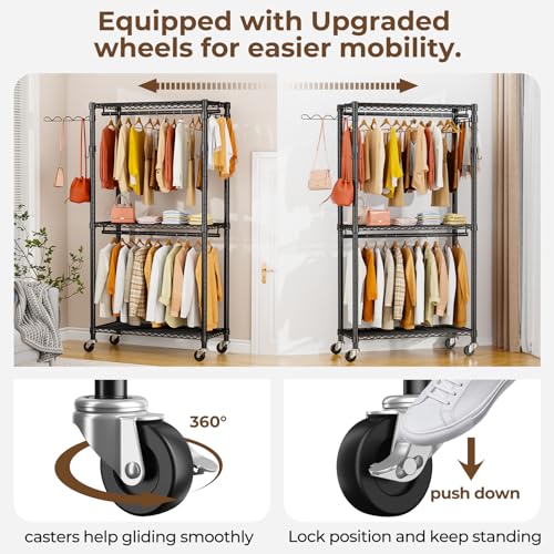Black Heavy Duty Metal Freestanding Clothing Rack with Shelves & Wheels U865