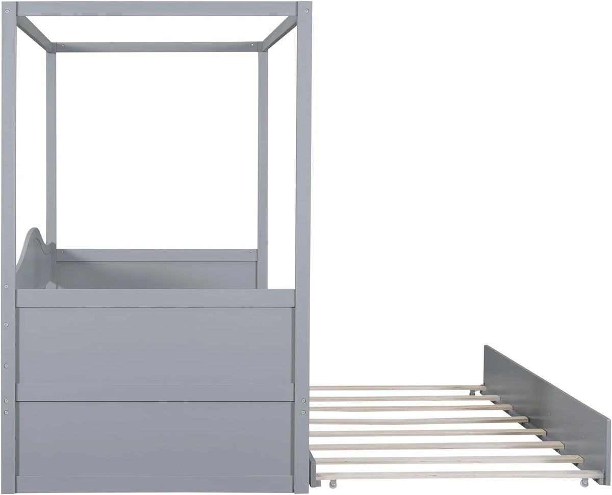 Twin Size Four-Poster Wood Canopy Bed with Trundle U883510
