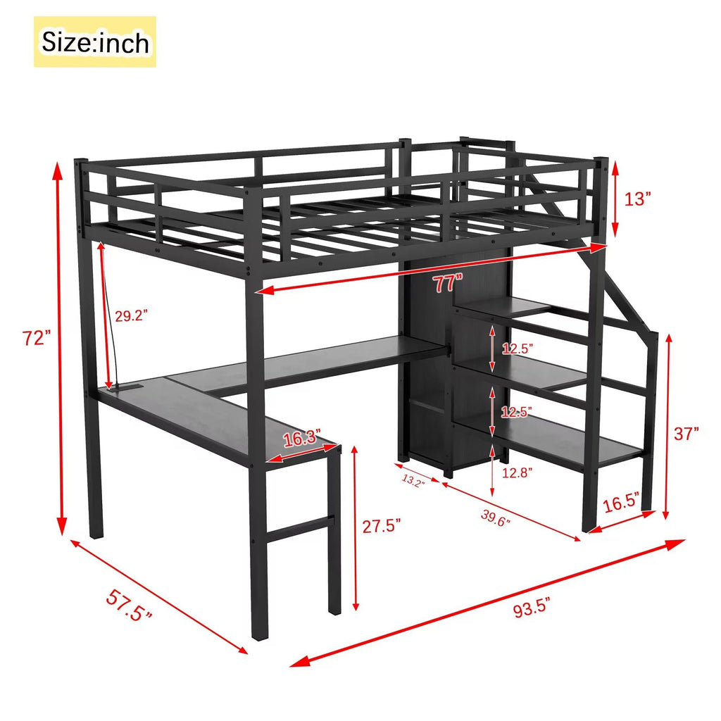 Black Full Size Metal Loft Bed with Desk and Stairs A260