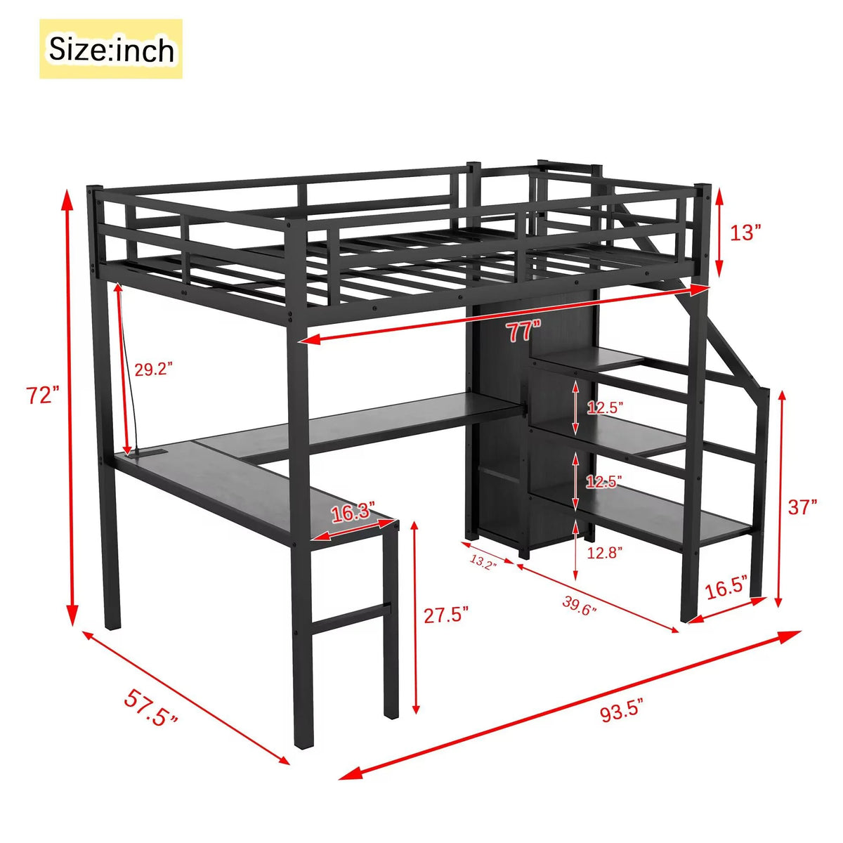 Black Full Size Metal Loft Bed with Desk and Stairs A260